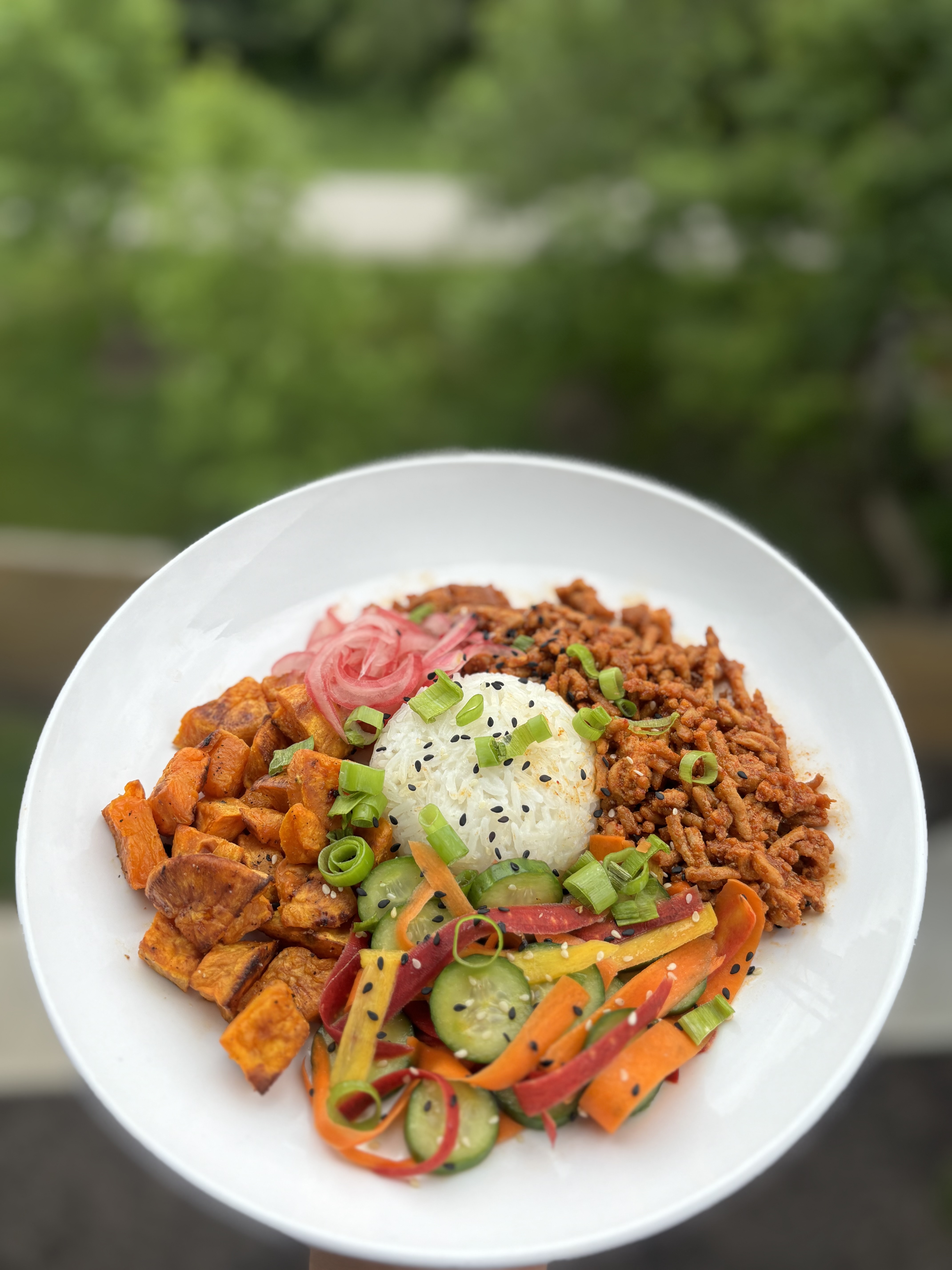 Gochujang Turkey Bowl with pickled onions and sweet potato